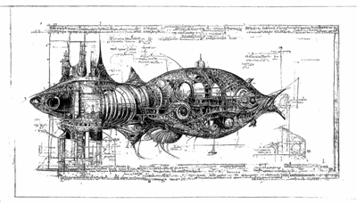 midjourney ai - da vinci style technical drawing of a mechanical babel fish