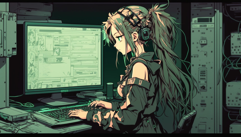 Image of an Anime character using a computer. Generated by AI